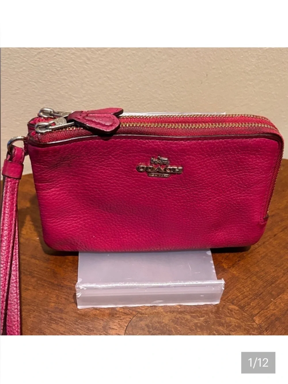 Coach  double zip Wristlet  pebbled Leather magenta/fuchsia  gold tone 6.5”wx4”h